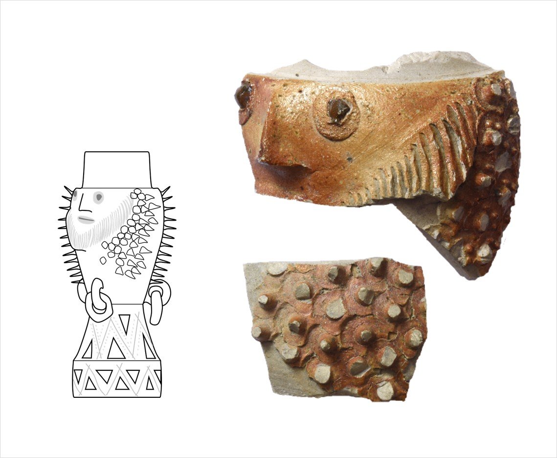 Attēls no publikācijas: Valdenburgas akmensmasas trauka fragments no Cēsu pils. Foto un grafiskā rekonstrukcija: B.&nbsp;Dumpe
